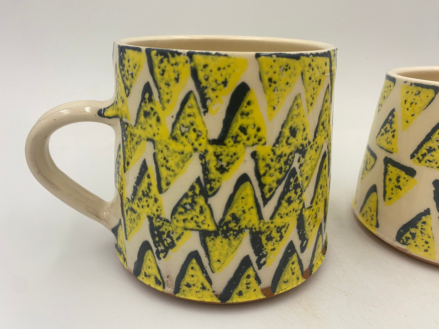 Large Mug, Yellow and blue Triangles on white